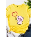 Fancy Women's Tee Top Cartoon Pig Heart Printed Rolled Cuffs Round Neck Short Sleeves Regular Fit T-Shirt
