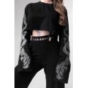 Cool Women's Cropped Tee Top Dragon Pattern Round Neck Long-sleeved Relaxed Fitted T-Shir