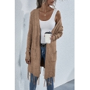 Classic Womens Cardigan Fringe Hem Front Double-Pocket Regular Fitted Open Front Long Sleeve Mid Length Cardigan