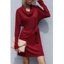 Sexy Womens Sweater Dress Solid Color Rib Knitted Button Detail Cowl Neck Banded Long Batwing Sleeves Fitted Sweater Dress with Belt