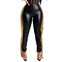 Fancy Women's Pants Solid Color Tassel Detailed Button Fly PU Leather Mid Waist Slim Fitted Long Skinny Pants