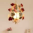 Iron Beige and Red Pendant Lamp Rose 1 Bulb Pastoral Flower Pendulum Light with Inner Frosted Glass Shade