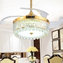 Crystal Drum Semi Flush Light Luxurious Modern Gold 4-Blade LED Hanging Fan Lamp, 19