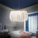 Nordic 1 Light Suspension Pendant White Drum Ceiling Hang Lamp with Feather Shade
