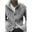 Mens Cardigan Creative Solid Color Cable Knitted Button Fly Long Sleeve Regular Fit Turn-down Collar Cardigan