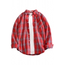 Retro Mens Shirt Plaid Pattern Curved Hem Button down Long Sleeve Turn-down Collar Loose Fitted Shirt with Chest Pocket