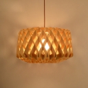 Asian 1-Light Pendant Light Fixture Beige Criss Cross-Woven Drum Shaped Pendant Lamp with Wood Shade