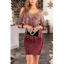 Womens Dress Chic Sequin Decoration Cold Shoulder Deep V Neck Long Cut-out Sleeve Slim Fitted Short Bodycon Dress