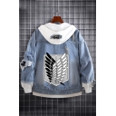Cool Patchwork Ripped Detail Hooded Button-Down Denim Jacket