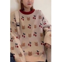 Women Cute Kawaii Long Sleeve Round Neck Cherry Bear Printed Loose Fit Pullover Sweater in Pink