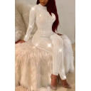 Casual Women's Jumpsuit Glitter Sequined Detail Hollow out Mock Neck Long-sleeved Slim Fitted Jumpsuit