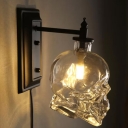 Clear Glass Skull Wall Lamp Fixture Art Deco 1 Head Black Sconce Light for Living Room