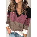 Novelty Womens Sweater Color Block Panel Open-Knit Long Sleeve Relaxed Fitted V Neck Sweater