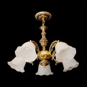 Brass 5 Lights Chandelier Lighting Traditional Opal Frosted Glass Ruffle Hanging Pendant Lamp