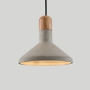 Loft Conical Pendant Ceiling Light 1 Head Cement Hanging Light Fixture in Grey and Wood