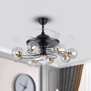 Clear Dimpled Glass Ball Semi Flush Contemporary 8-Bulb 4 Blades Hanging Fan Light in Black, 42
