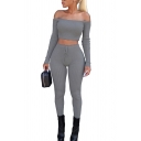 Womens Co-ords Fashionable Solid Color Rib Knit Slim Fitted Pants Long Sleeve off Shoulder Cropped Tee Co-ords