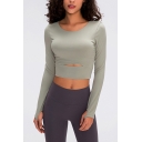 Fancy Women's Tee Top Hollow out Solid Color Crew Neck Long-sleeved Cropped Slim Fitted T-Shirt