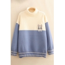 Retro Womens Sweater Rabbit Head Embroidered Color Block Drop Shoulder Ribbed Stripe-Trim Turtleneck Long Sleeve Relaxed Fitted Sweater