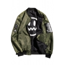 Simple Letter Patched Fashion Smile Face Print Stand-Collar Double-Faced Reversible Bomber Jacket for Men