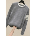 Basic Womens Sweater Arm-Stripe Button Hem and Cuffs Contrast Trim Slim Fitted Crew Neck Long Sleeve Sweater