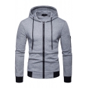 Mens New Trendy Striped Hem PU Patched Long Sleeve Zip Up Casual Hoodie