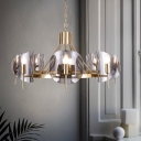 Circle Living Room Chandelier Metal 8 Heads Postmodern Suspension Light in Gold with Curved Smoke Glass Shade