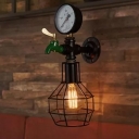 Retro Faucet Wall Mount Lamp 1 Bulb Iron Sconce Lighting with Cage and Decorative Gauge in Black
