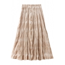 Classic Womens A-Line Skirt Pleuche Pleated High Elastic Rise Midi A-Line Skirt