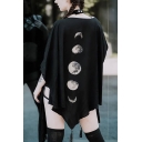 Womens T-Shirt Chic Moon Phase Print Tassel Detail Loose Fitted V Neck Half Batwing Sleeve Poncho T-Shirt