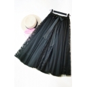 Vintage Women's Skirt Lace-Panel Patchwork Flowy Gauze Tie-Waist Elasticity Midi A-Line Skirt
