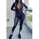 Womens Sport Jumpsuit Unique Cross Line Stripe Letter Pattern Mention Hip Zippered Stand Collar Skinny Fitted Long Sleeve Jumpsuit