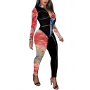 Basic Womens Jumpsuit Painting Plaid Leopard Skin Pattern Zipper Front Tape Patchwork Skinny Fitted Long Sleeve Mock Neck Jumpsuit