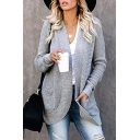 Womens Cardigan Trendy Solid Color Arc Placket Double Pockets Front Tunic Long Sleeve Regular Fitted Open Front Cardigan