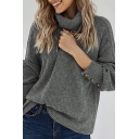 Womens Sweater Fashionable Plain Button Cuffs Turtleneck Long Sleeve Relaxed Fitted Sweater
