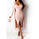 Creative Womens Two Piece Set Solid Color Rib Knit Single Breasted Split Front Knee-Length Bodycon Slip Dress with Open-Front Long Sleeve Cardigan