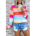 Loose Casual Chic Rainbow Striped Printed Long Sleeve Round Neck T-Shirt