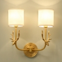 Gold 2 Bulbs Wall Sconce Lighting Countryside Fabric Cylindrical Wall Light with Stag Head Decor