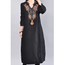 Moslem New Stylish V-Neck Long Sleeve Floral Tribal Print Embroidery Pockets Black Shift Swing Maxi Dress