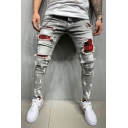 Mens Jeans Stylish Splatter Pattern Light Wash Ripped Checkered-Patchwork Zipper Fly Slim Fit 7/8 Length Tapered Jeans