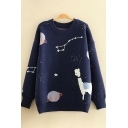 Creative Womens Sweater Sheep Star Planet Pattern Thick Ribbed Trim Round Neck Long Sleeve Relaxed Fitted Sweater