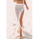 Womens Cover up Skirt Trendy Hand Hook Hollow Knitted See-Through Fringe Hem High Split-Side Midi Beach Skirt