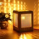 Hollowed out Cube Wood Mini Night Light Novelty Simple 1 Head Beige Table Lamp for Bedroom
