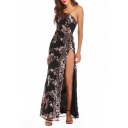 Basic Womens Dress Sequin Decoration High Split-Front One Strap Sleeveless Slim Fitted Maxi Bodycon Dress