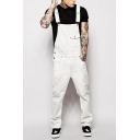 Hot Popular Contrast Stripe Side Vintage Fashionable Ripped Jeans White Bib Overalls