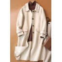 Womens Coat Creative Pocket Flap Design Embroidered-Trim Double Sided Button down Longer Length Loose Fit Long Sleeve Turn-down Collar Wool Coat