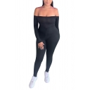 Classic Womens Jumpsuit Solid Color Rib Knit Drawstring-Waist off Shoulder Skinny Fitted Long Sleeve Jumpsuit