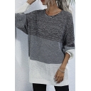 Basic Womens Sweater Color Block Panel Long Sleeve Slim Fitted Round Neck Tunic Sweater