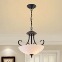 Bowl Dining Room Suspension Light Rustic White Glass 3 Bulbs Black Hanging Chandelier with Scrolling Arm