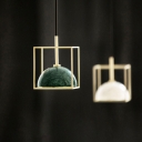 Dome Bedside Down Lighting Pendant Marble 1 Head Postmodern Hanging Lamp in Black/White/Green with Brass Cube Cage